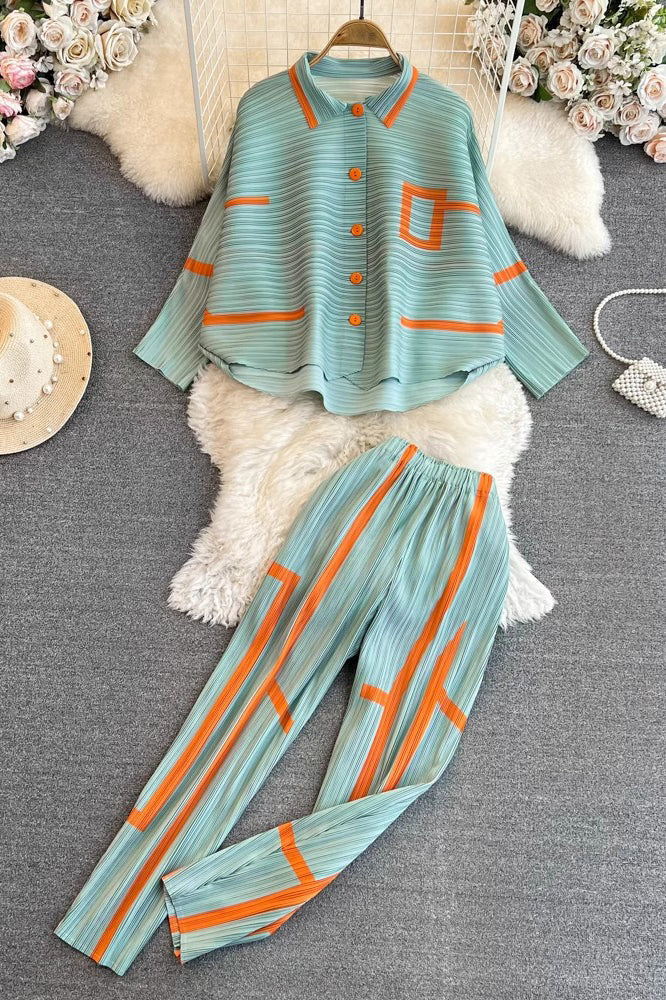 Ruffle Long Sleeve Shirt Top Pants Trousers Set Two-Piece