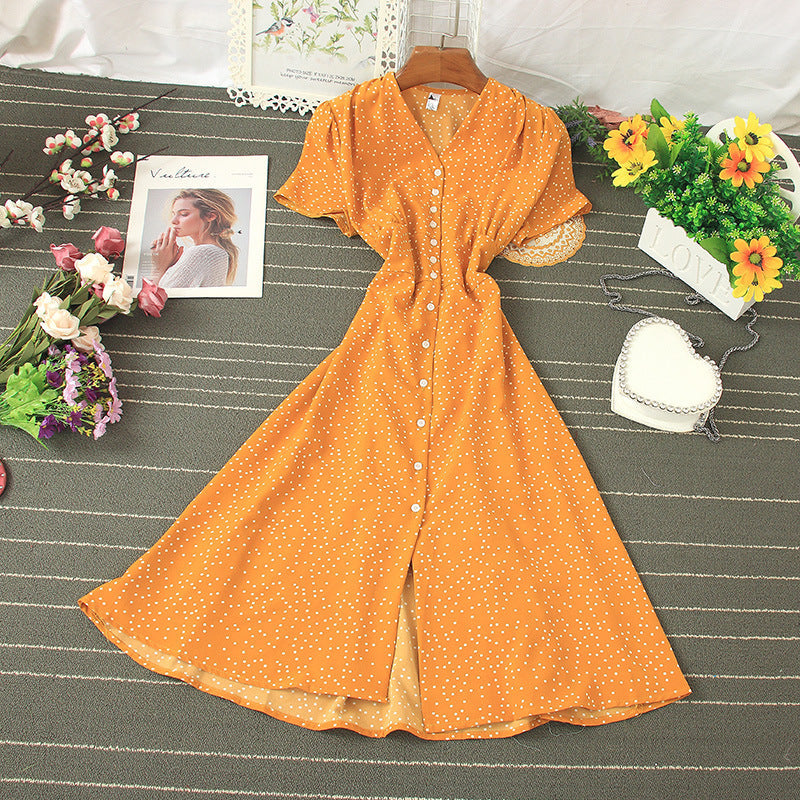 Polka Dots Short Sleeve Buttons Maxi Dress