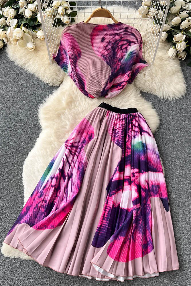 Print Knit Tops Ruffle Skirt Set Two-Piece