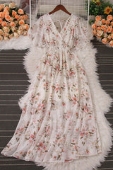 Chiffon Print V-Neck Short Sleeve Dress