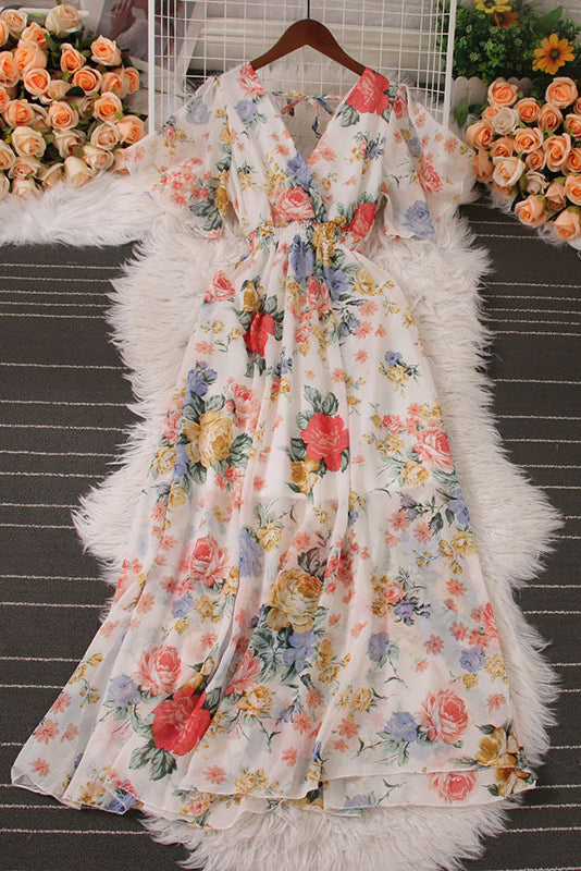 Chiffon Print V-Neck Short Sleeve Dress