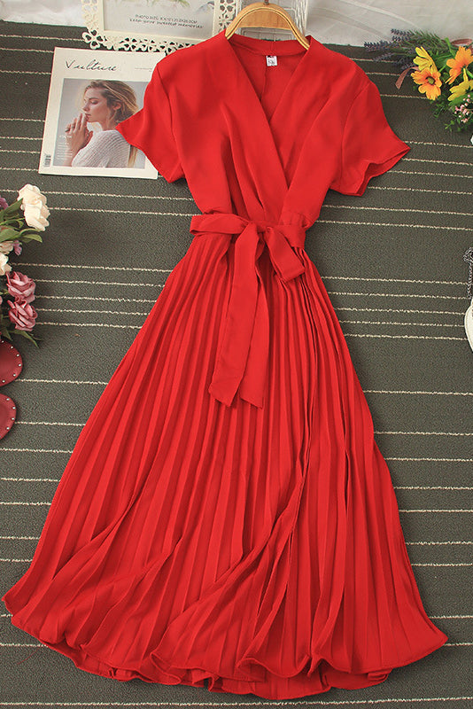 V-Neck Short Sleeve Strappy Pleated Maxi Dress