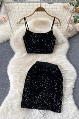Sequin Off Shoulder Strap Cami Crop Vest Tank Top Skirt Set Two-Piece