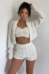 Cable Knit Buckle Detail Jacket & Crisscross Vest & Elastic Waist Shorts 3 Piece Sets