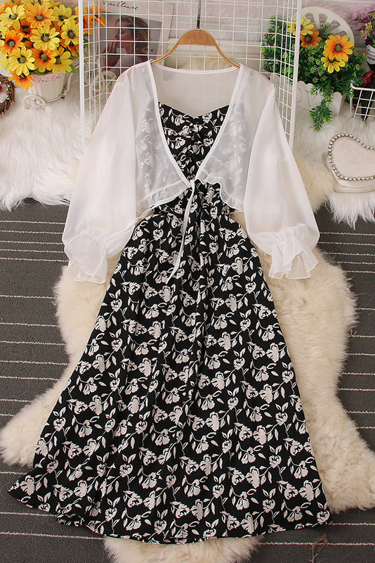 Floral Backless Strap Maxi Dress Chiffon Cardigan Top Set Two-Piece