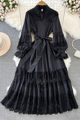 V-Neck Lace Hollow Long Sleeve Strappy Maxi Dress