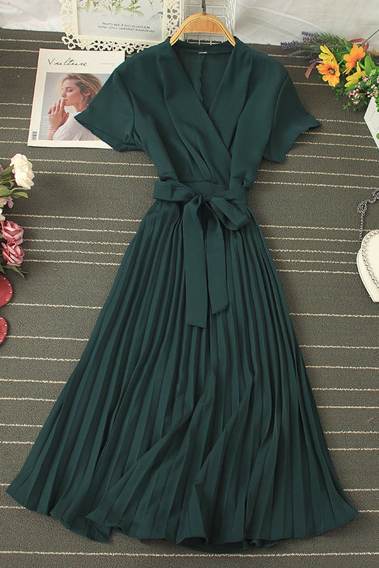 V-Neck Short Sleeve Strappy Pleated Maxi Dress