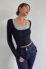 Long Sleeve Fake Two Tank Tops Fitted Basic Cami Tee Shirts