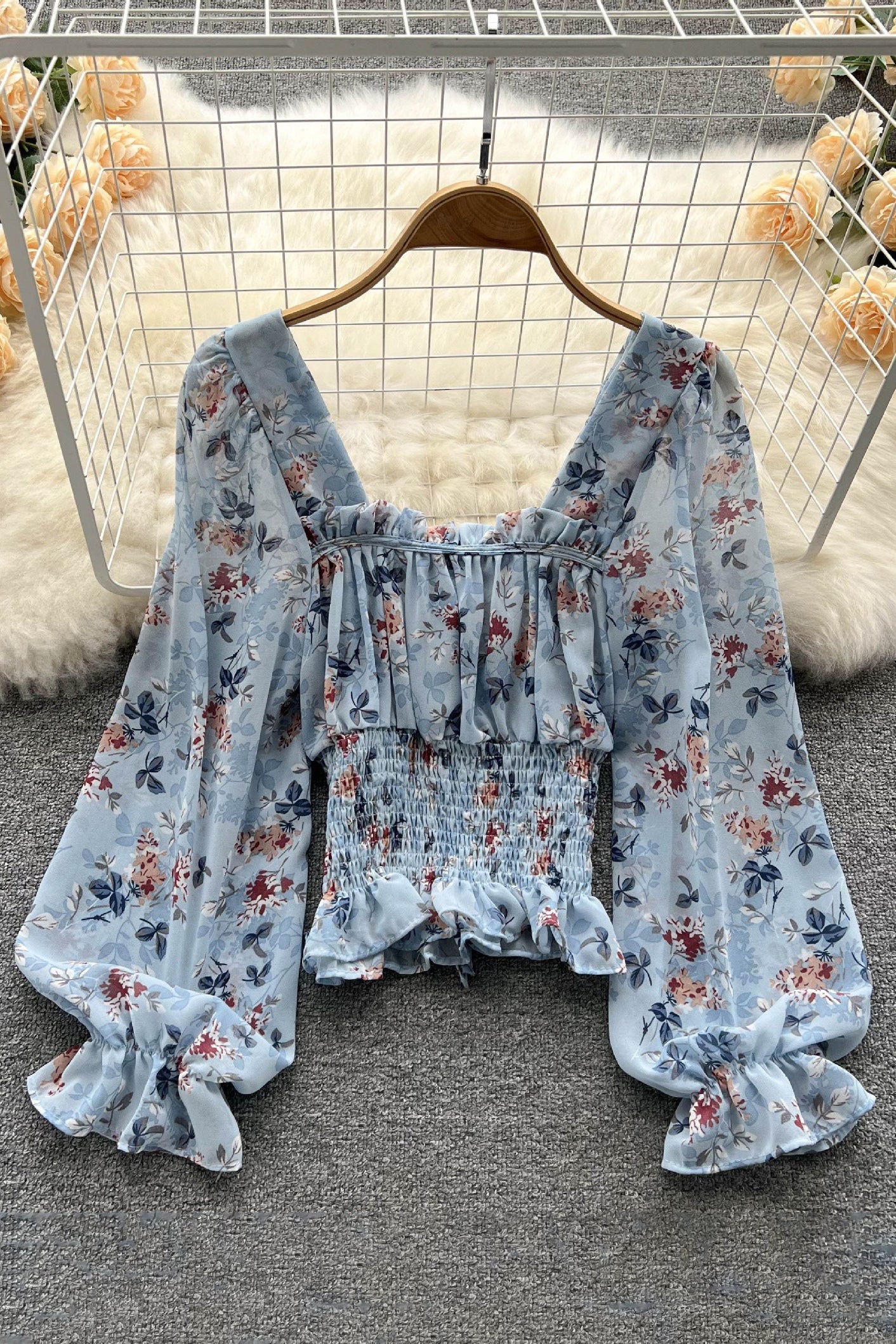 Floral Ruffle Long Sleeve Crop Top