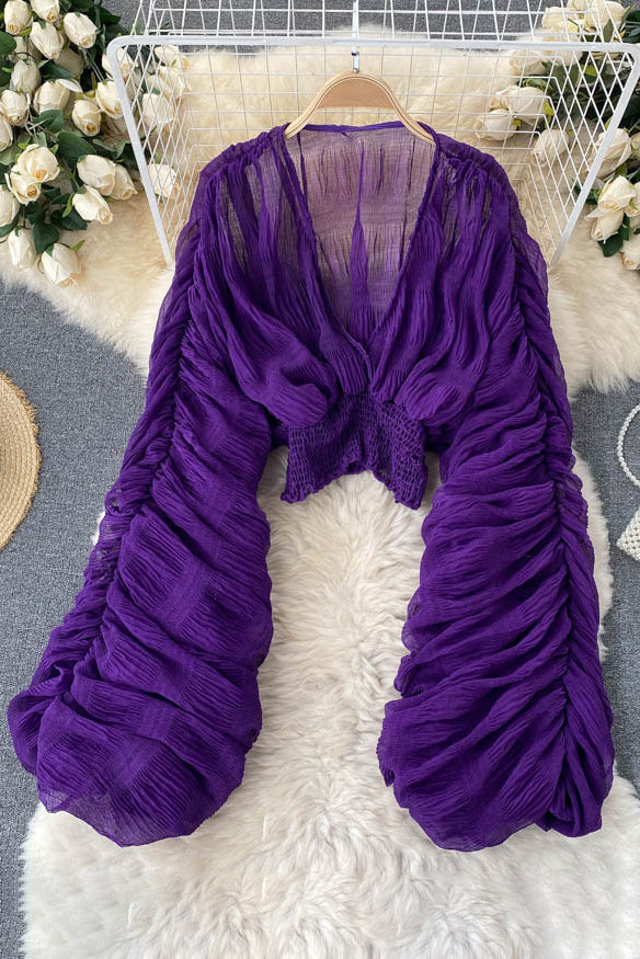 V-Neck Ruffle Long Sleeve Tops