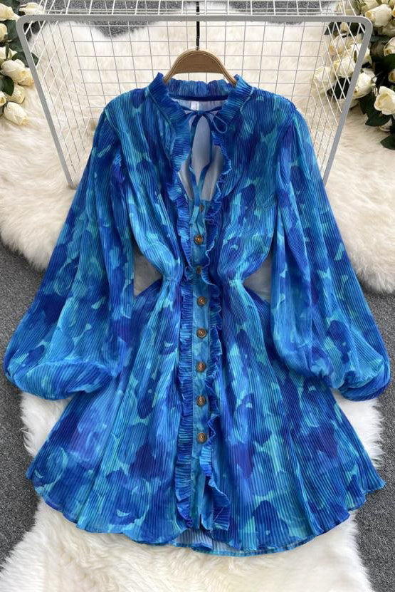 V-Neck Print Long Sleeve Buttons Mini Dress