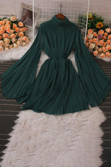 High Neck Long Sleeve Pleated Mini Dress