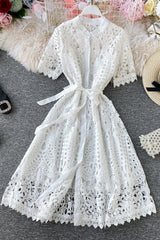 Lace Hollow Short Sleeve Strappy Maxi Dress