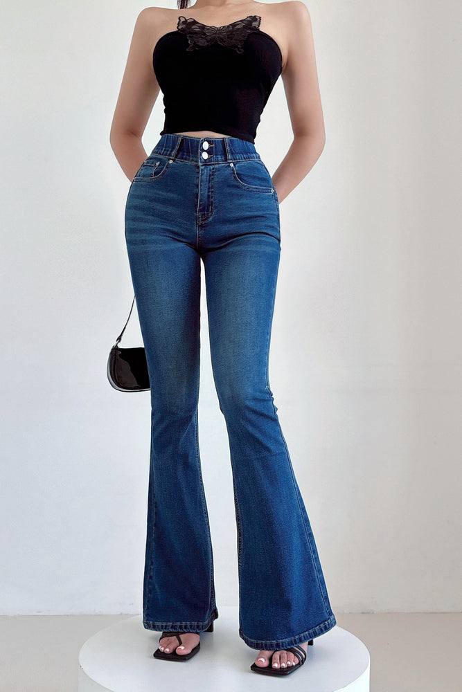 Retro High Waist Tight Buttons Flared Jeans