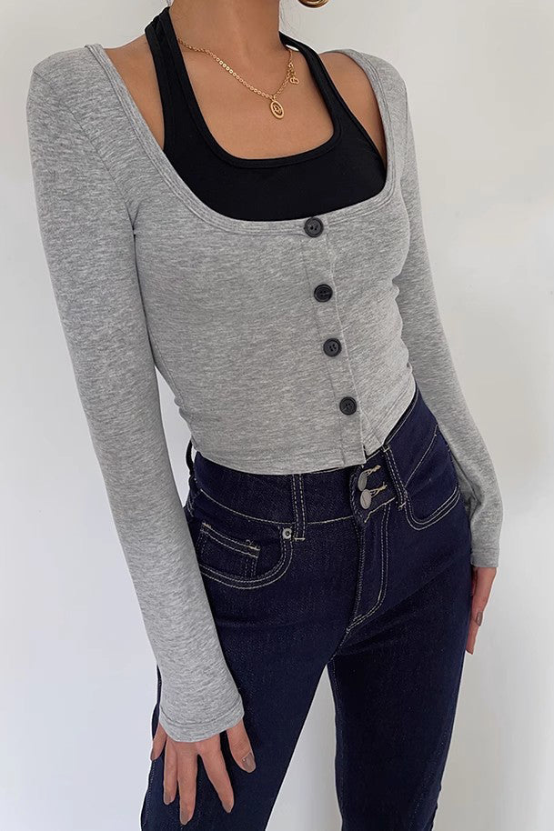 Long Sleeve Fake Two Tank Tops Fitted Basic Cami Tee Shirts