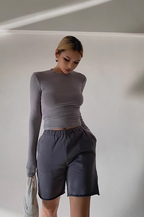Crew Neck Ribbed Tops Fitted Basic Shirt