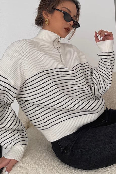 Striped Print Sweaters Zip Up Outwear Coats