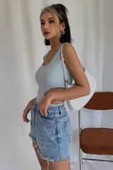 Ripped Raw Trim Workout Denim Shorts