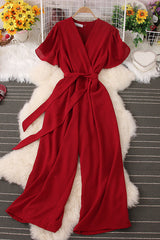 V-Neck Short Sleeve Strappy Romper Jumpsuit