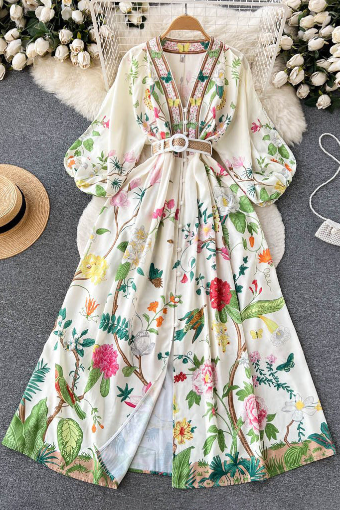Floral V-Neck Long Sleeve Maxi Dress