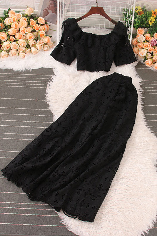 Lace Hollow Short Sleeve Crop Top Skirt Set Two-Piece