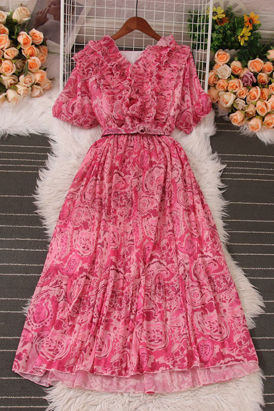 Lace V-Neck Floral Short Sleeve Maxi Dress