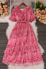 Lace V-Neck Floral Short Sleeve Maxi Dress