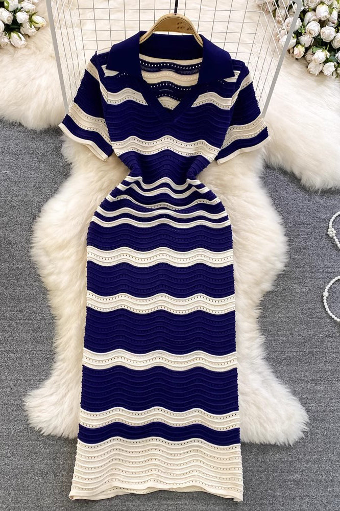 Wave Stripe V-Neck Short Sleeve Maxi Dress