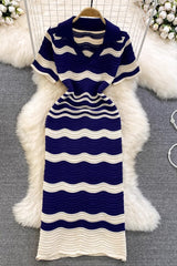 Wave Stripe V-Neck Short Sleeve Maxi Dress