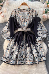 Retro V-Neck Long Sleeve Print Mini Dress