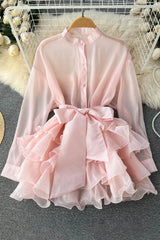 Lace Bow Strappy Long Sleeve Mini Dress