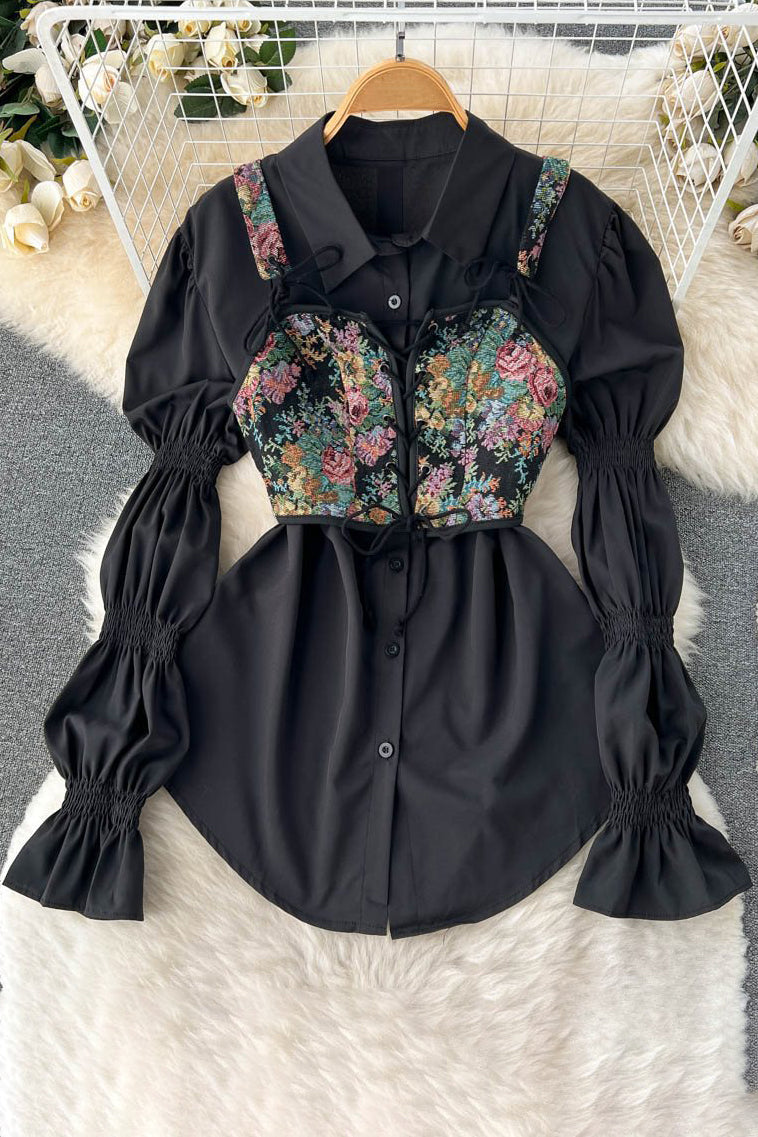 Floral Strap Cami Crop Vest Tank Long Sleeve Shirt Top Set Two-Piece