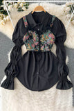 Floral Strap Cami Crop Vest Tank Long Sleeve Shirt Top Set Two-Piece
