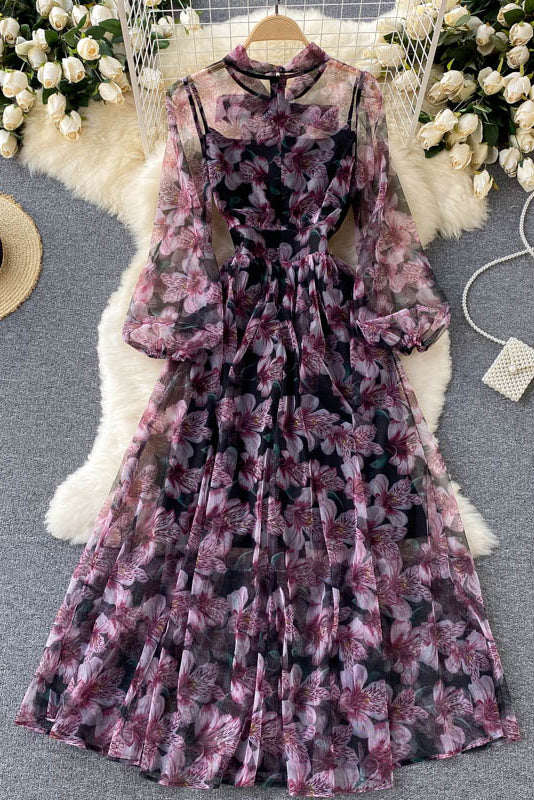 Chiffon Long Sleeve Strappy Maxi Dress