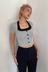 Contrast Buttoned Front Fake Two Tops Shirt