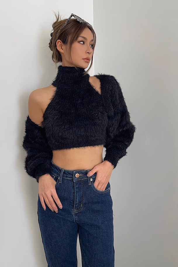 Rib-knit Shawl Jacet & Mock Neck Vest Two Piece Set