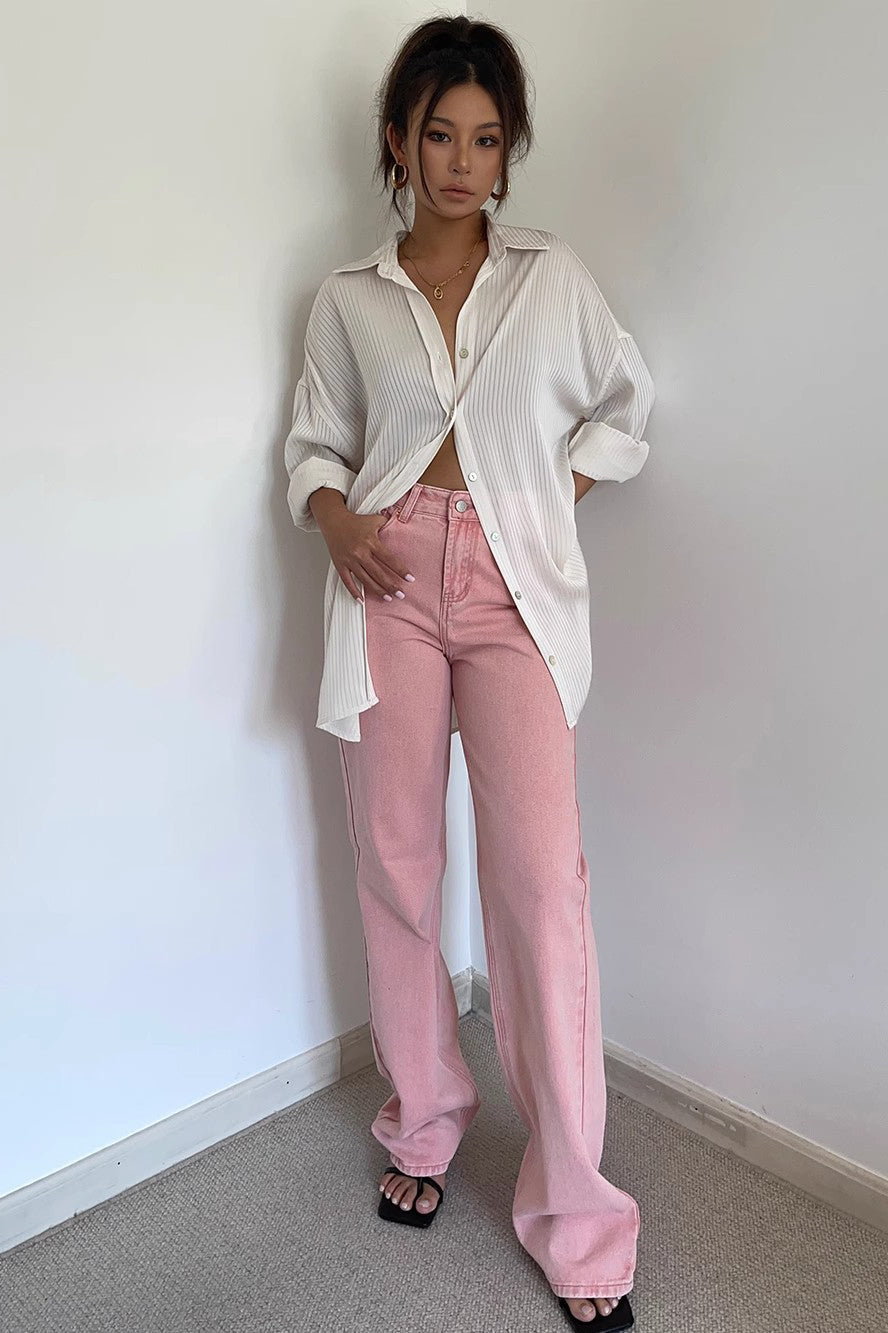High Waist Buckle Detail Straight Leg Jeans