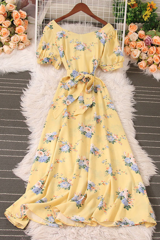 Floral V-Neck Short Sleeve Maxi Dress