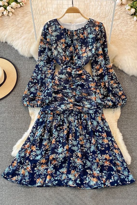 Floral Long Sleeve Zip Ruffle Maxi Dress