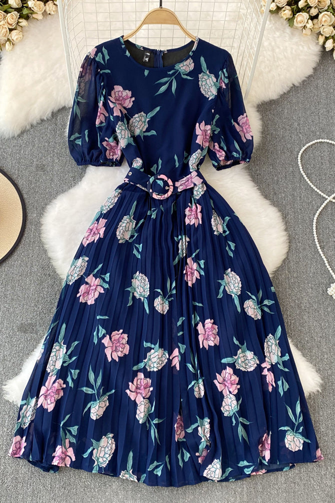 Flower Print Short Sleeve Pleated Dress