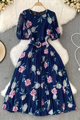Flower Print Short Sleeve Pleated Dress