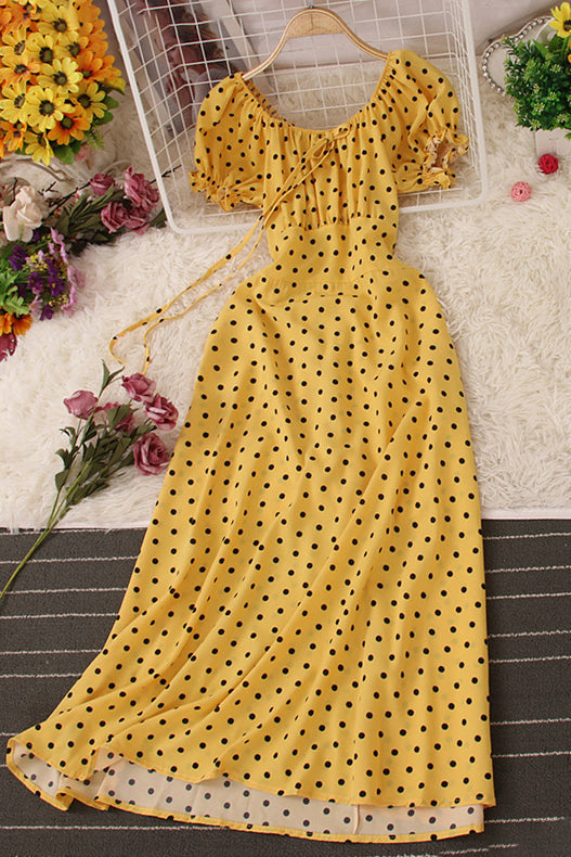 Short Sleeve Ruffle Polka Dots Maxi Dress