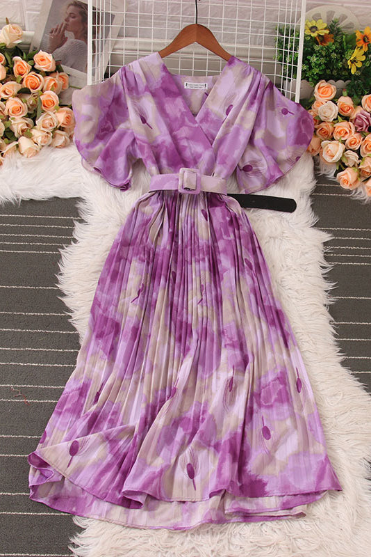 V-Neck Short Sleeve Pleated Dress