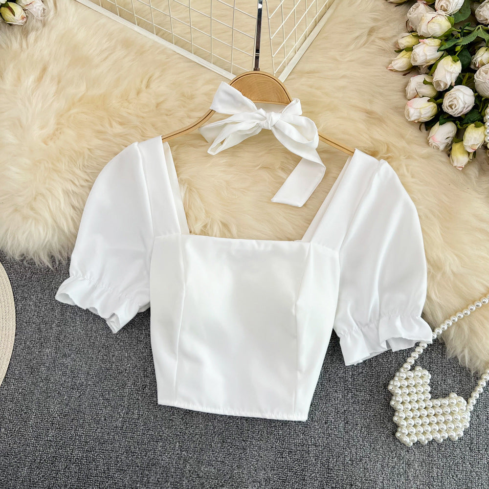 Bow Square Neck Short Sleeve Crop Top