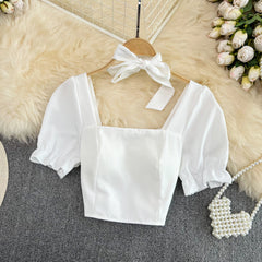 Bow Square Neck Short Sleeve Crop Top