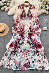 Chiffon Print V-Neck Long Sleeve Dress