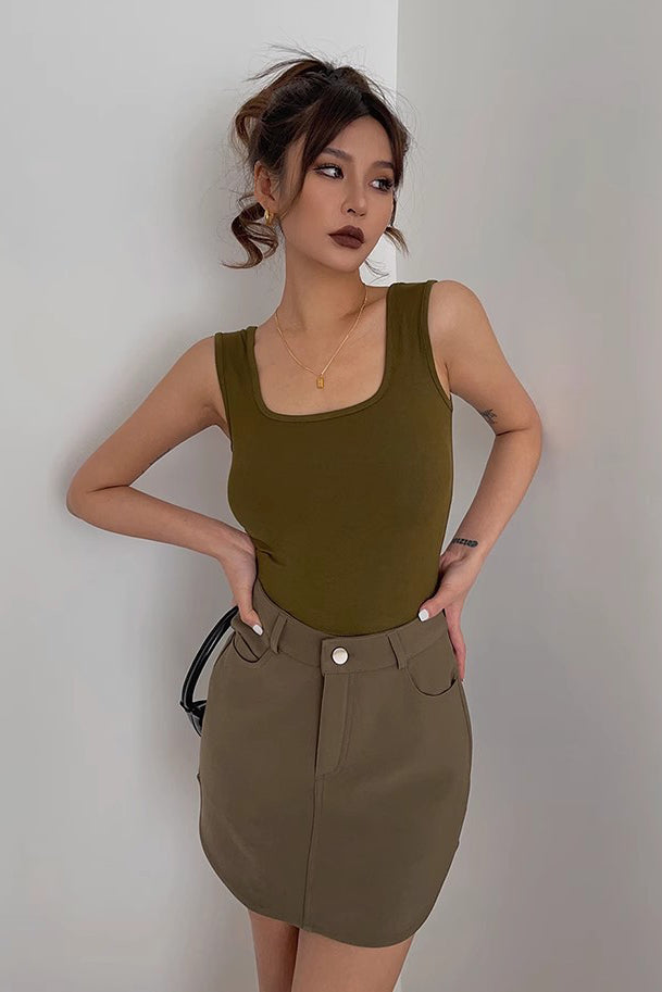 Buttoned Front Asymmetrical Hem Belted Skirt