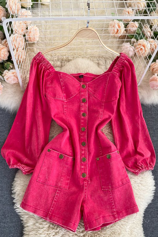 Long Sleeve Denim Romper Jumpsuit