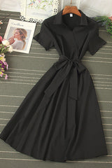 Lapel Short Sleeve Strappy Maxi Dress