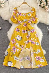 Retro Floral Square Neck Short Sleeve Backless Maxi Dress